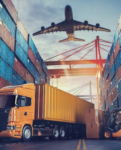 Transportation and logistics of Container Cargo ship and Cargo plane. 3d rendering and illustration.